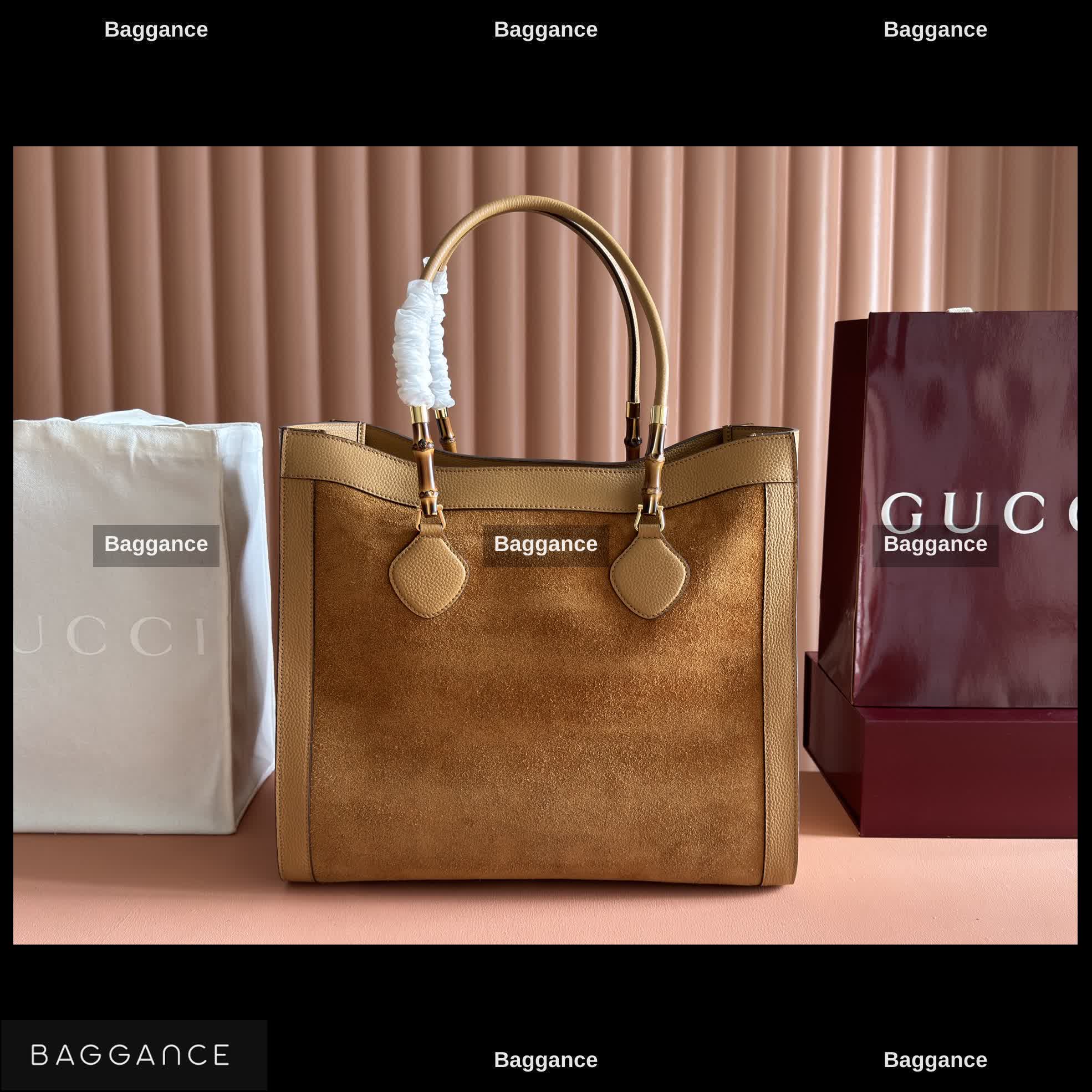 Gucci Bamboo Large Suede Tote Bag Tan Leather Trim
